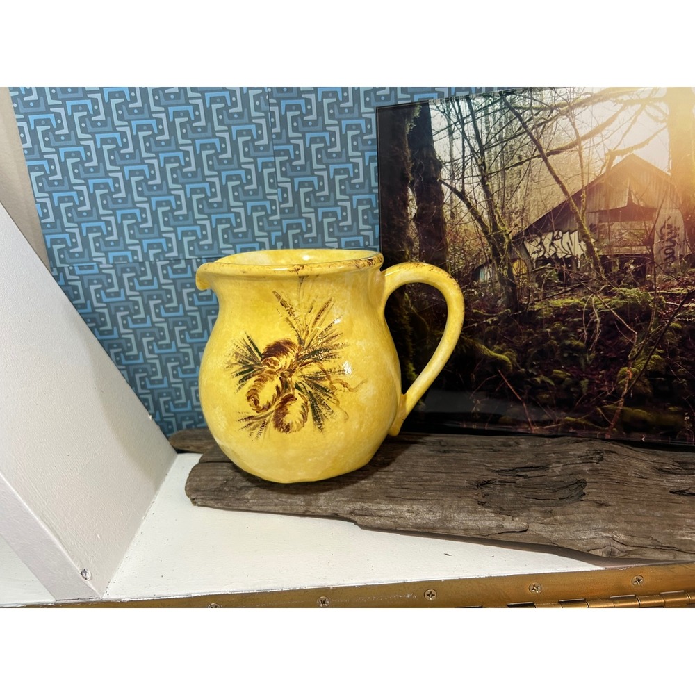 Yellow Pinecone Ceramic Pitcher Hand Painted Rustic Vase 6in